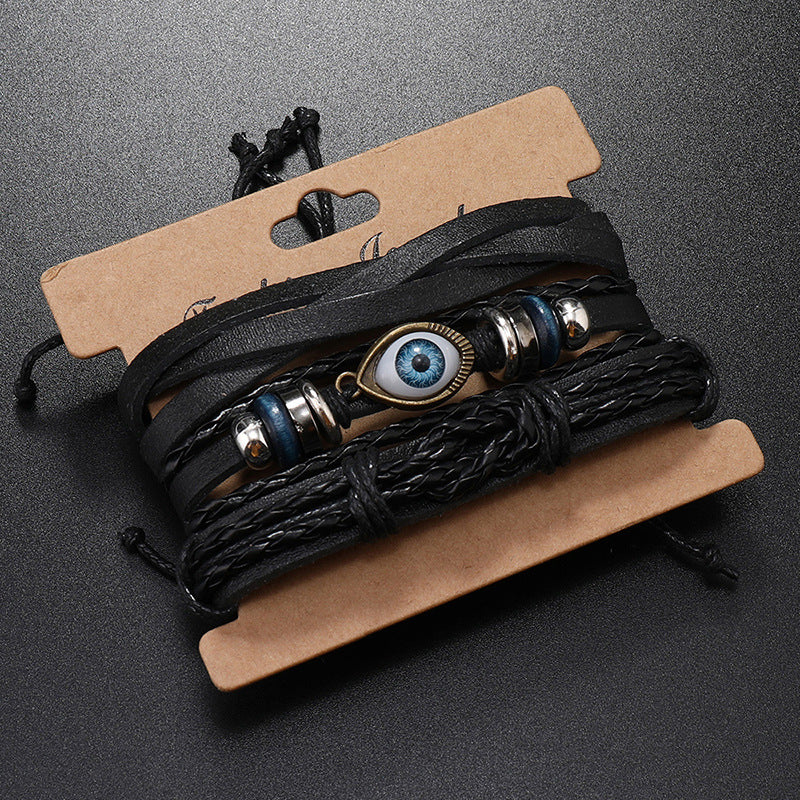 Dreiteiliges Set mit mehrlagigen Armbändern aus Leder mit gewebten Augen für Herren