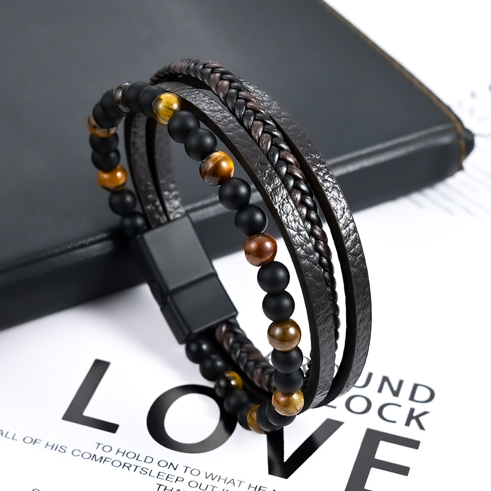 Men's Woven Natural Stone Alloy Leather Beaded Bracelets