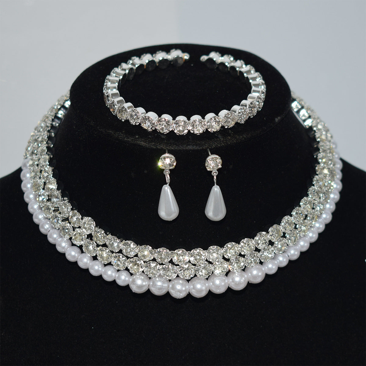 Pearl Diamond Collar Bridal Rhinestone Three-piece Jewelry Set