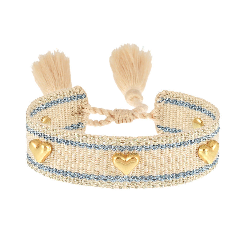 Couple Golden Heart-shaped Carrying Strap Hand-woven Tassel Bracelets