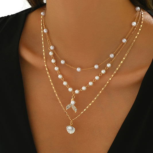 Women's Fishtail Shell Clavicle Chain Casual Fashion Pearl Three-piece Necklaces
