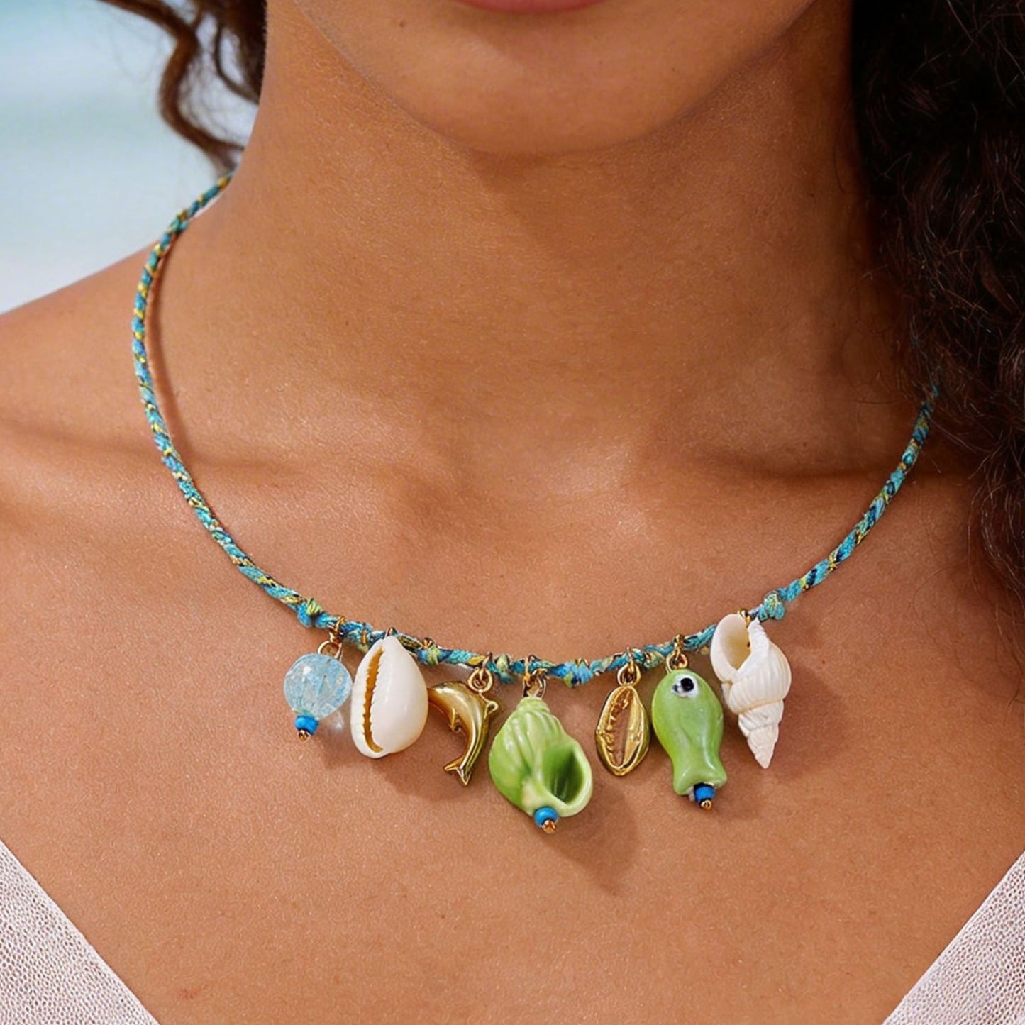 Summer Ocean Shell Dolphin Dopamine Ceramic Fish Colorful Ropes Necklace