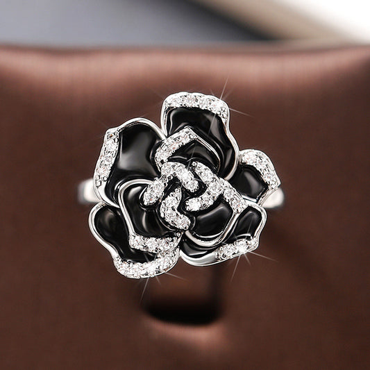 Bagues élégantes rétro en émail et Zircon pour femmes, uniques, fleur de Rose noire