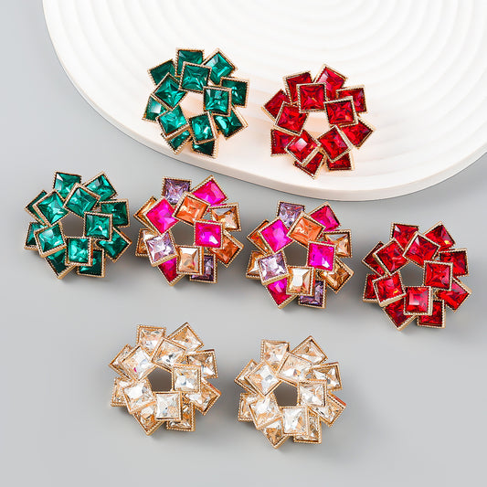 Colored Diamond Square Rhinestone Windmill Alloy Earrings