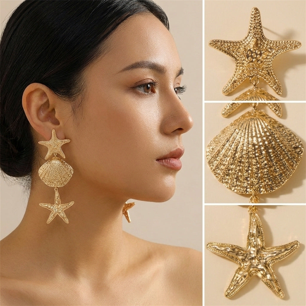 Ocean Style Starfish Scallop Conch Pearl Earrings