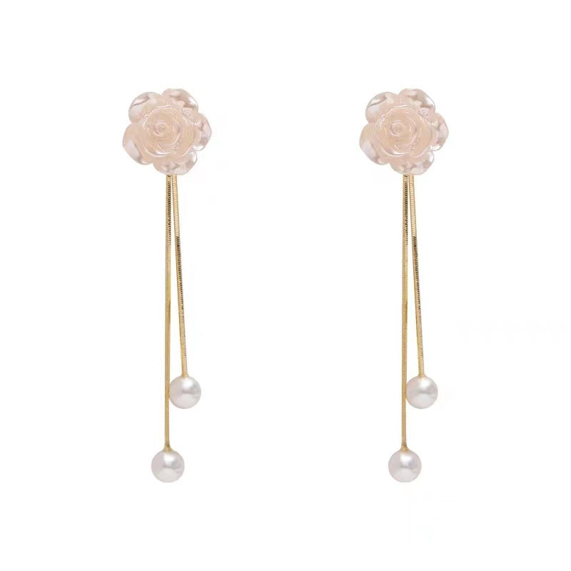 Needle Camellia Long Fringe High-grade Design Earrings