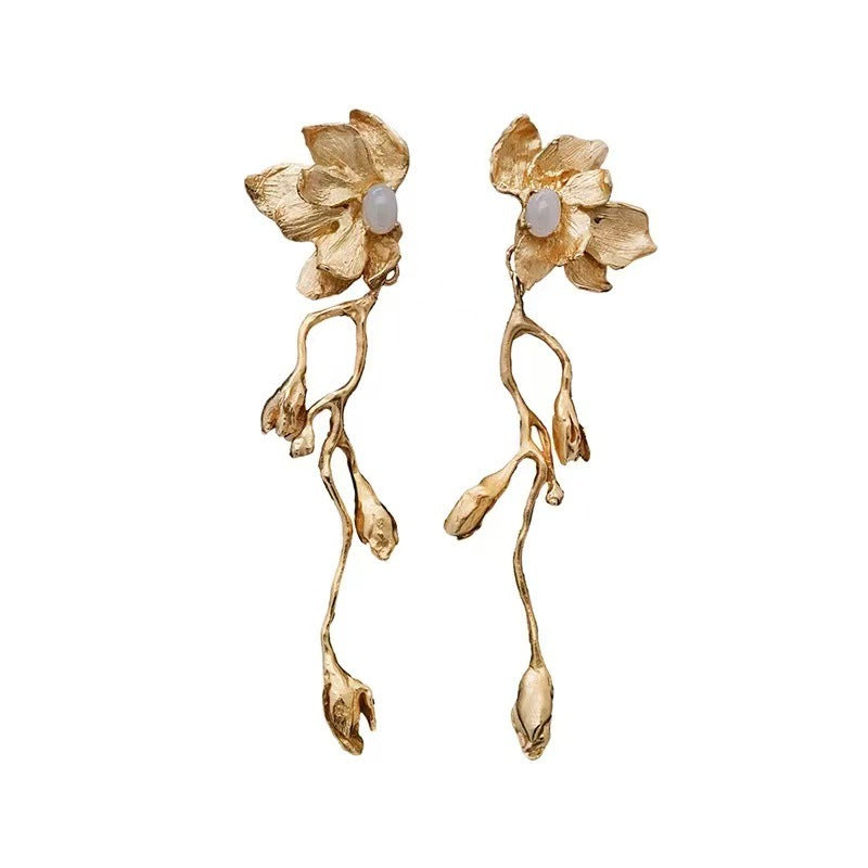 Women's Chinese White Magnolia Twig High Sense Long Ear Stud Earrings