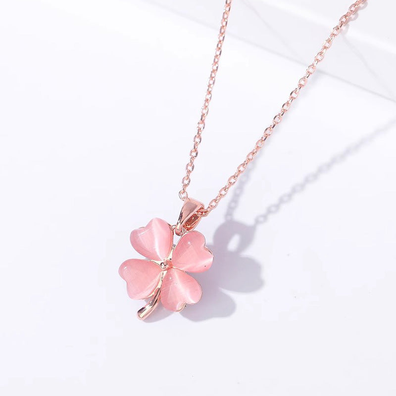 Opal Four-leaf Clover Female Pink Diamond Flower Pendant Necklaces