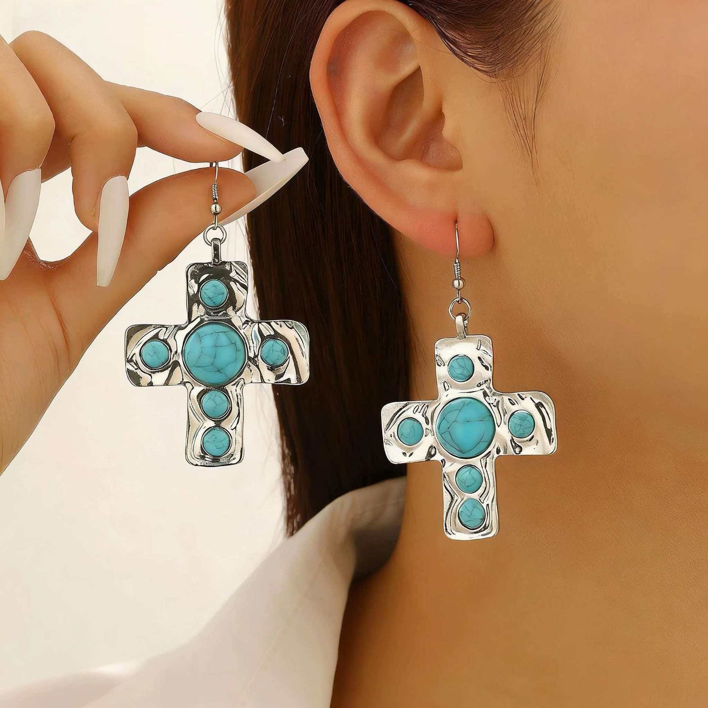 Women's Retro Exaggerated Cross Inlaid Turquoise For Bracelets