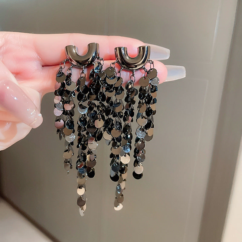 Sier Needle Matte Ear Hook Diamond Design Tassel Light Luxury Earrings