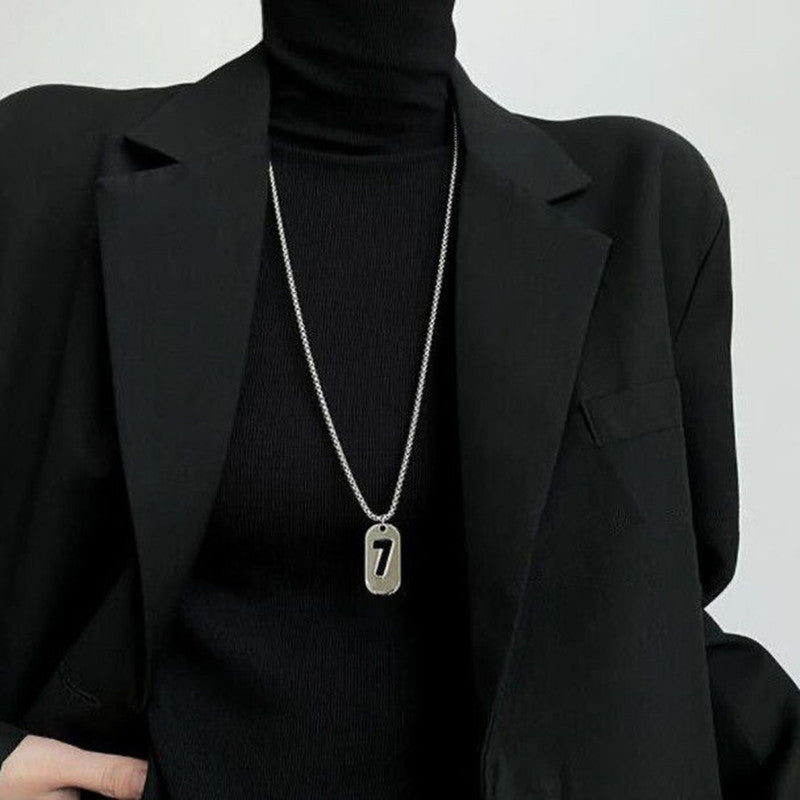 Men's Lucky Number Square Plate Titanium Steel Female Necklace