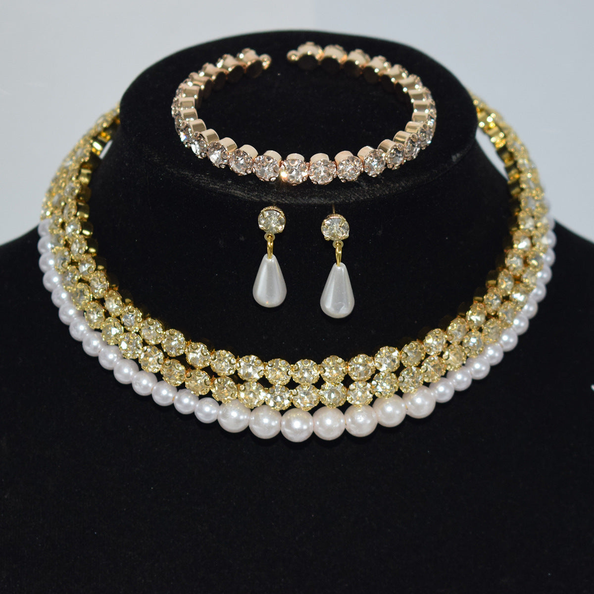 Pearl Diamond Collar Bridal Rhinestone Three-piece Jewelry Set