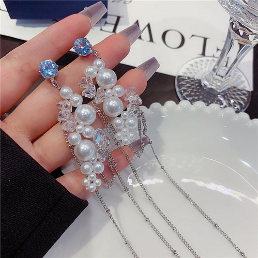 Women's Pearl Crystal Tassel High Sense Light Stud Earrings