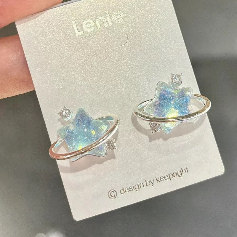 Small Pearl Zircon Star Moon Female Mori Blue Ear Clip