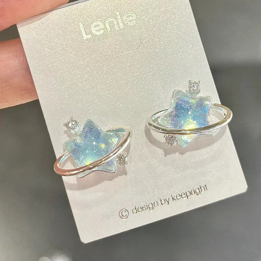 Small Pearl Zircon Star Moon Female Mori Blue Ear Clip