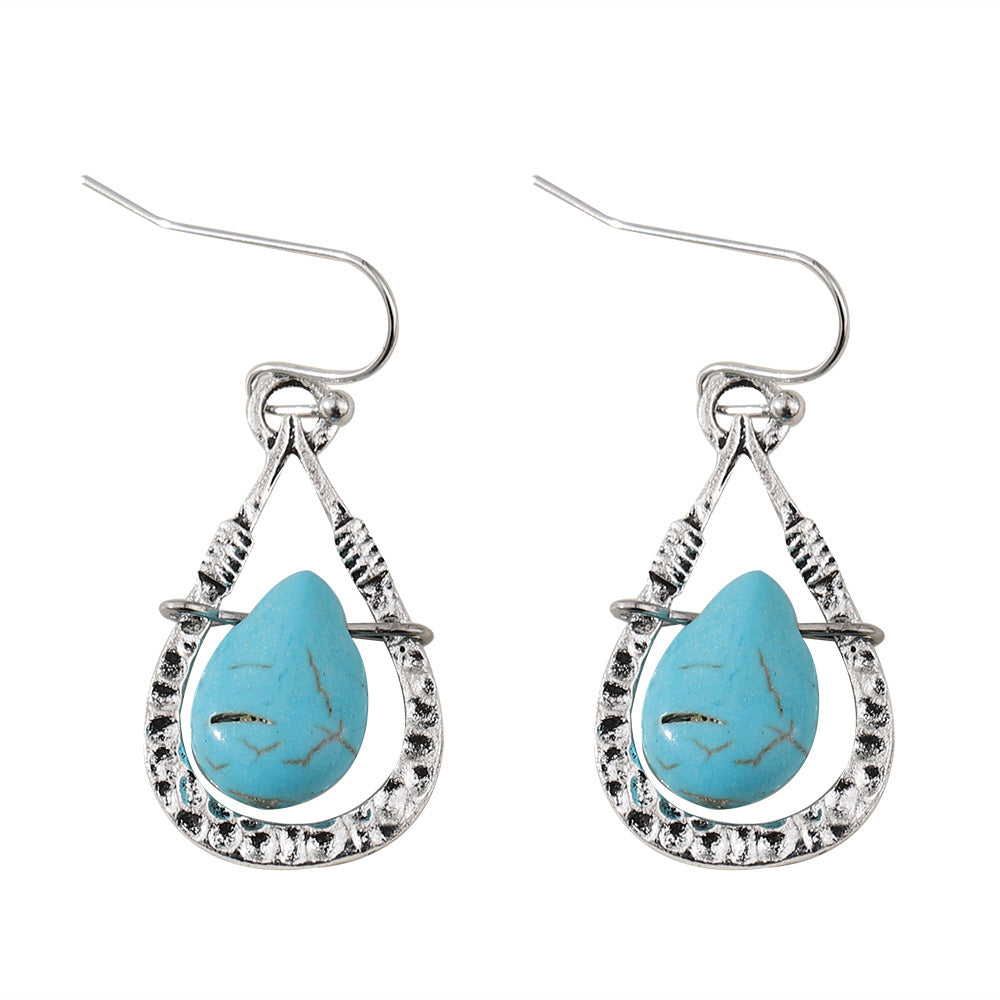 Simple Ethnic Style Hollow Turquoise Water Drop Bohemian Vacation Versatile Earrings