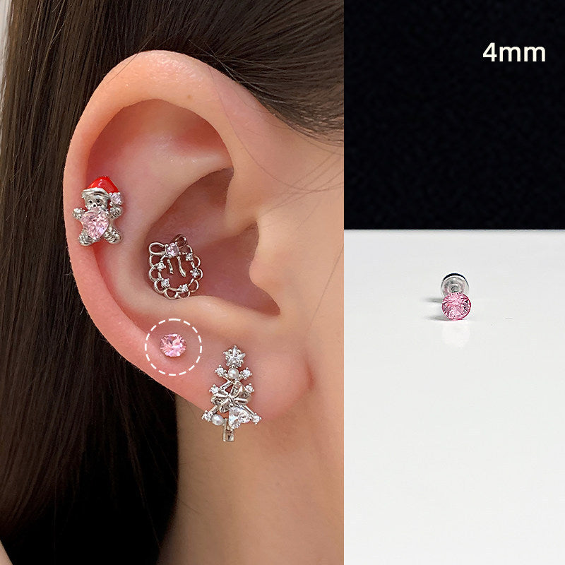 Pink Christmas Devil Ear Bone Snowflake Titanium Stud Earrings