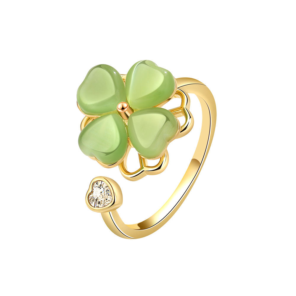 Imitation Jade Green Fresh Rotatable Four-leaf Flower Clover Rings