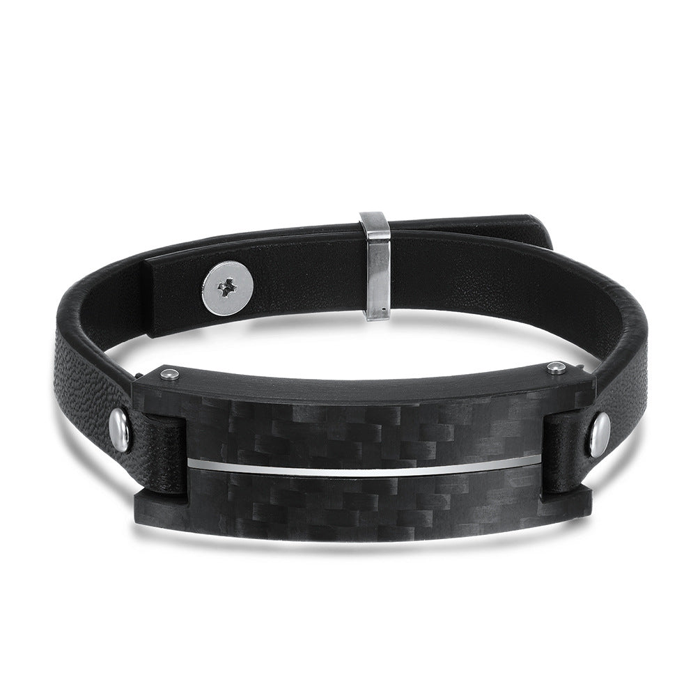 Men's Fashion Black Leather Rope Solid Carbon Bracelets