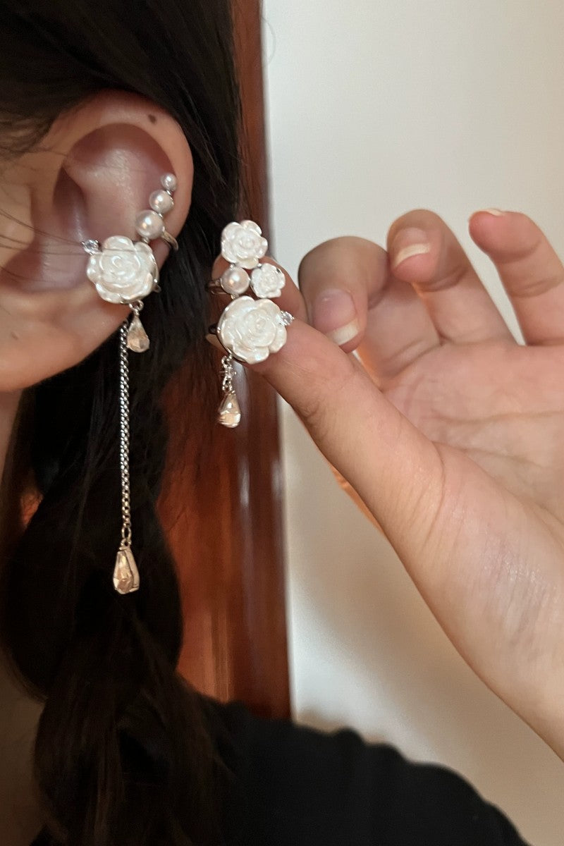 Desire White Camellia Asymmetric Tassel No Pierced High-grade Ear Clip