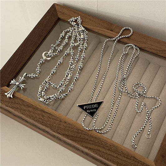 Women's Triangle Mark Pendant Titanium Steel Sweater Chain Necklaces