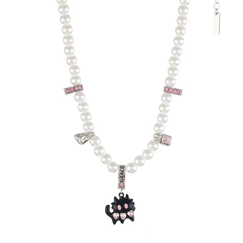 Colliers de niche pour femmes, chat noir, nœud papillon, perles, strass