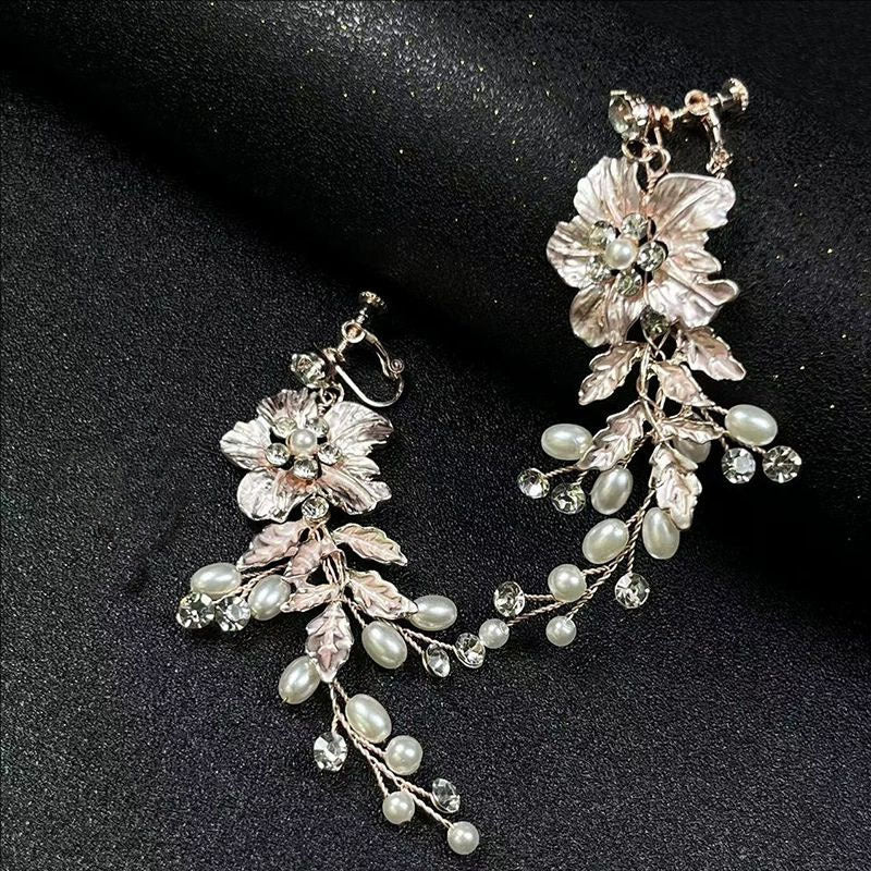 Wedding Bride Handmade Ear Flower Clip No Pierced Bead Earrings
