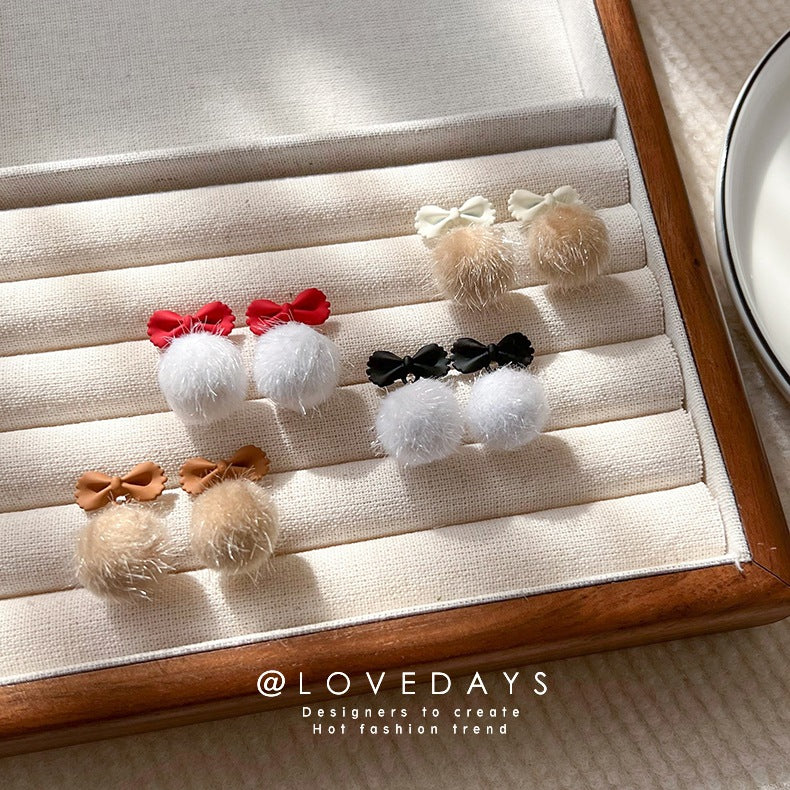 Women's Bow Plush Ball Personality Campus For Earrings