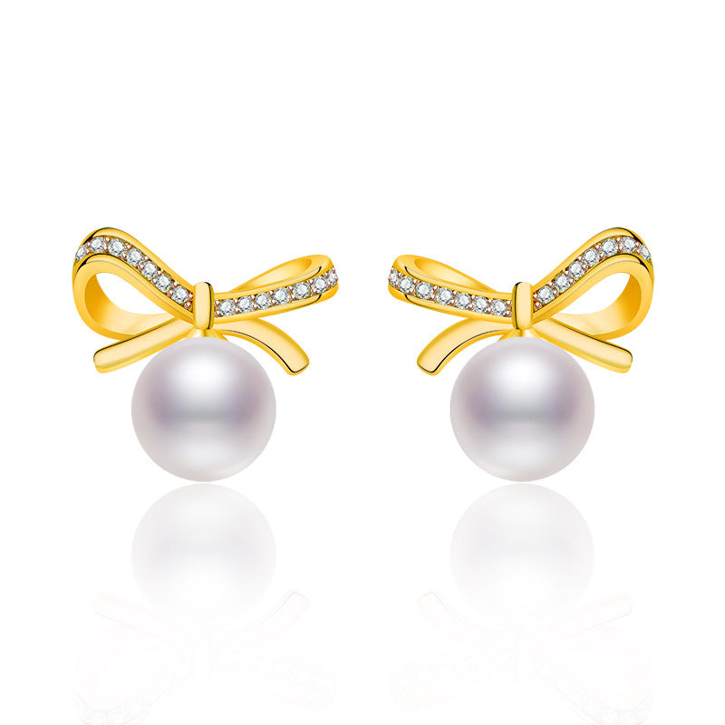 Women's Style Rhinestone Bow Freshwater Pearl Vitality Earrings