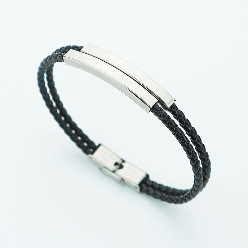 Woven Leather String Stainless Steel Couple Bracelets