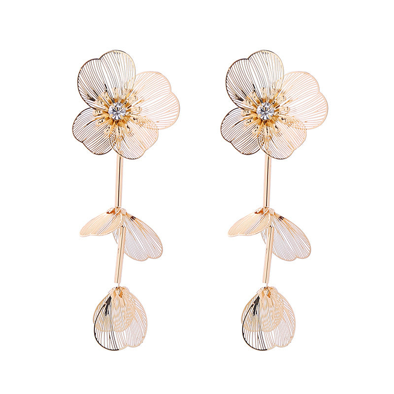 Boucles d'oreilles longues à fleurs en métal pour femmes, Patch léger de luxe