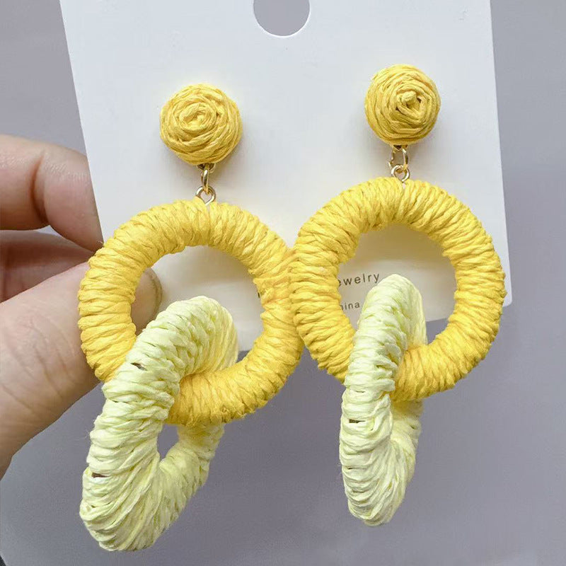 Straw Round Double Design Ethnic Style Graceful Fashionable Island Vacation Earrings