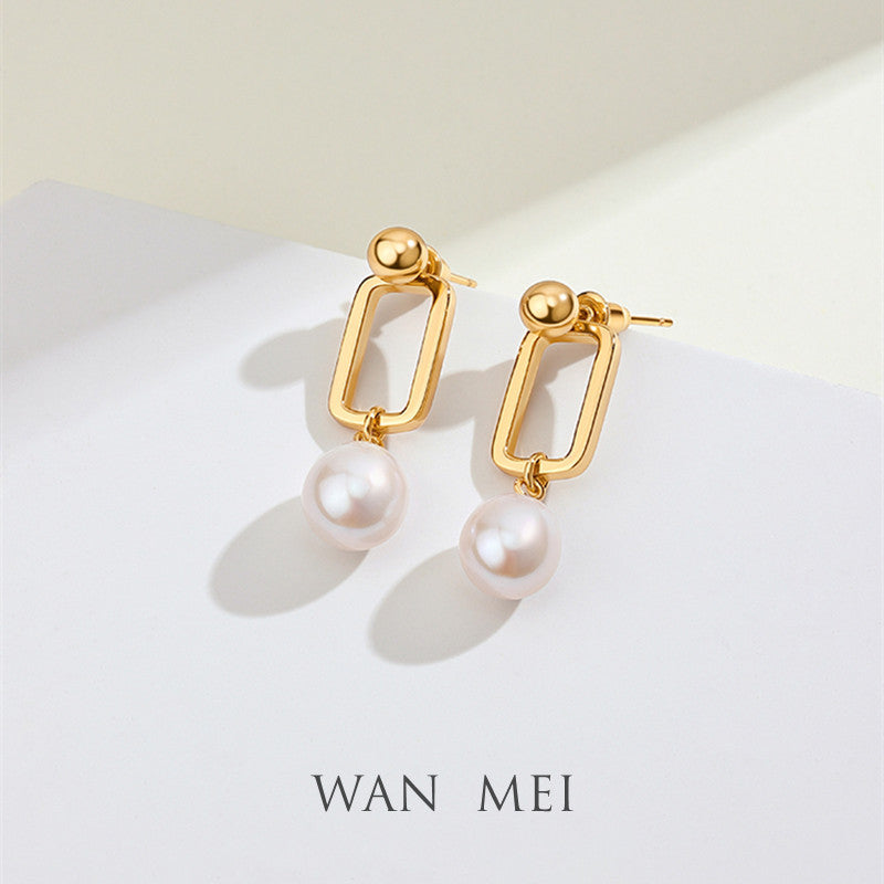 Women's Sier Small Square Buckle Pearl Simple Fashion Earrings