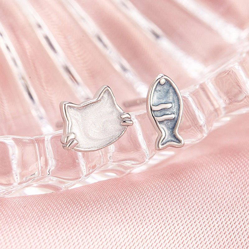 Dripping Cat Blue Fish Unique Exquisite Sweet Light Luxury Refreshing Stud Earrings