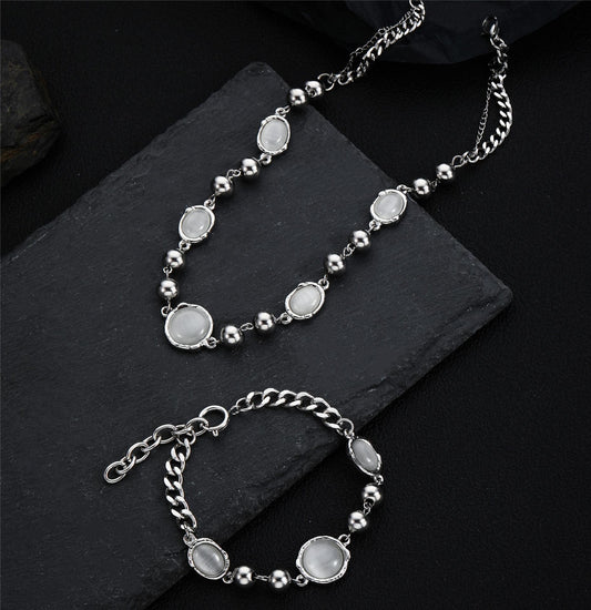 Women's & Men's Temperament Titanium Steel Opal White Moonlight Element Necklaces