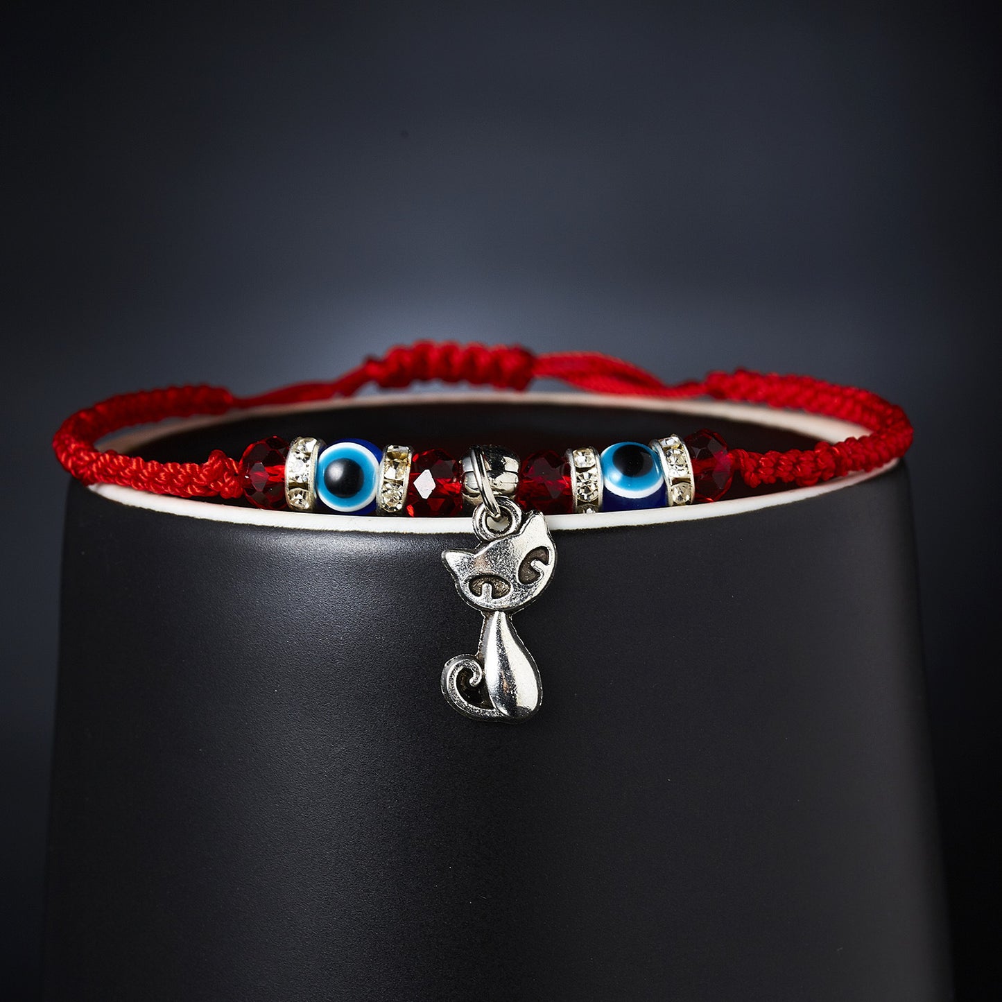 Eule, blaue Augen, böser Blick, rotes Seil, verstellbare Armbänder