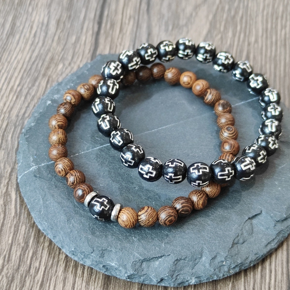 Men's Grain Natural Stone Beads Cross Printed Bracelets