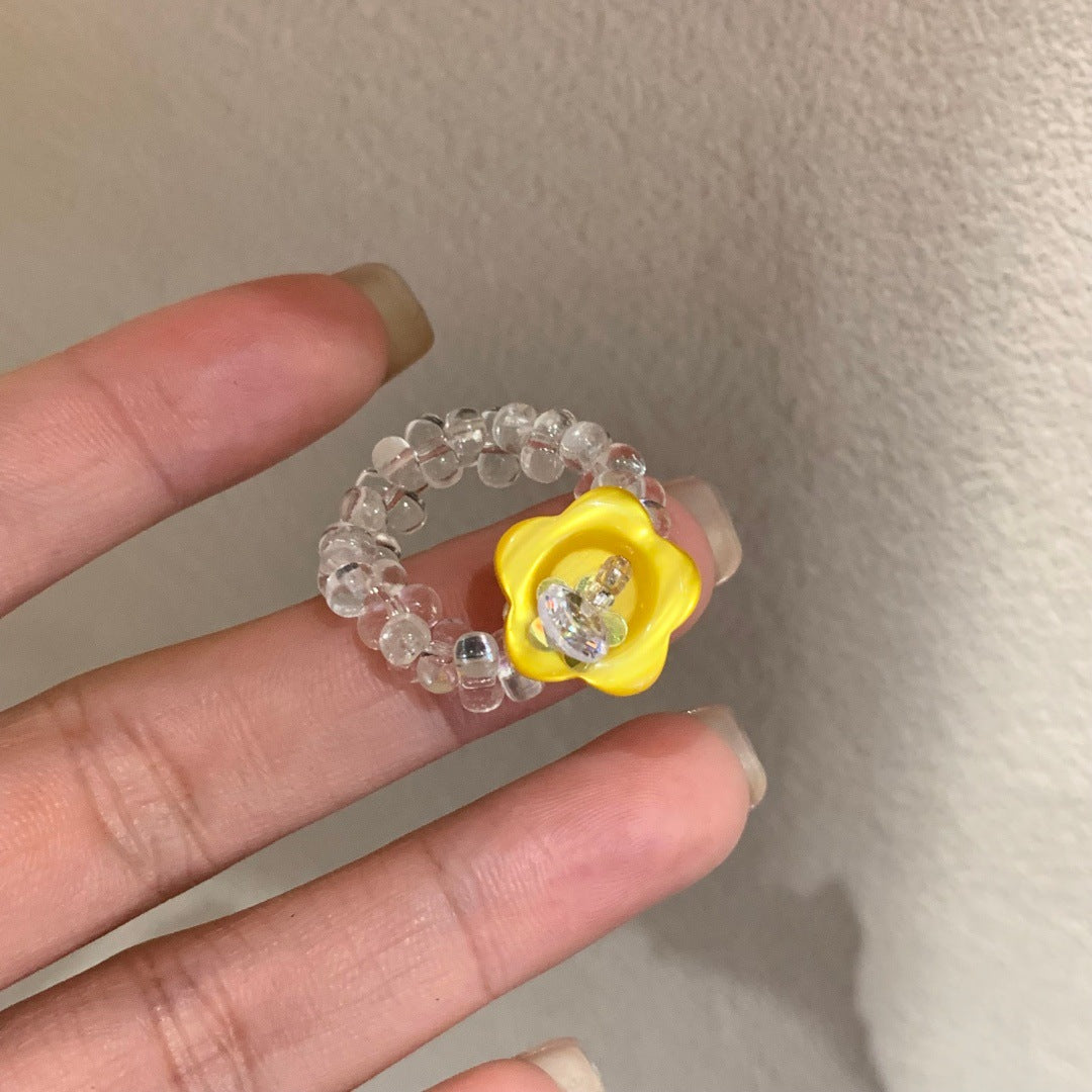Handmade Flower Button Fun Imported Elastic String Dopamine Color Ring