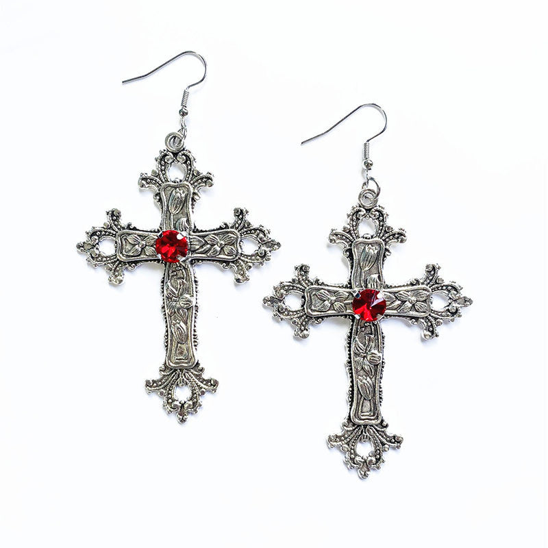 Boucles d'oreilles pendantes en strass avec croix imprimée de fleurs créatives