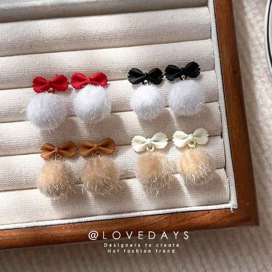 Women's Bow Plush Ball Personality Campus For Earrings