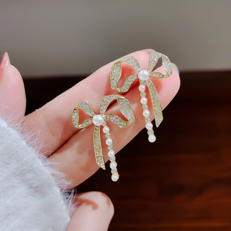 Sier Bowknot Pearl Fashion Trend Simple Stud Earrings