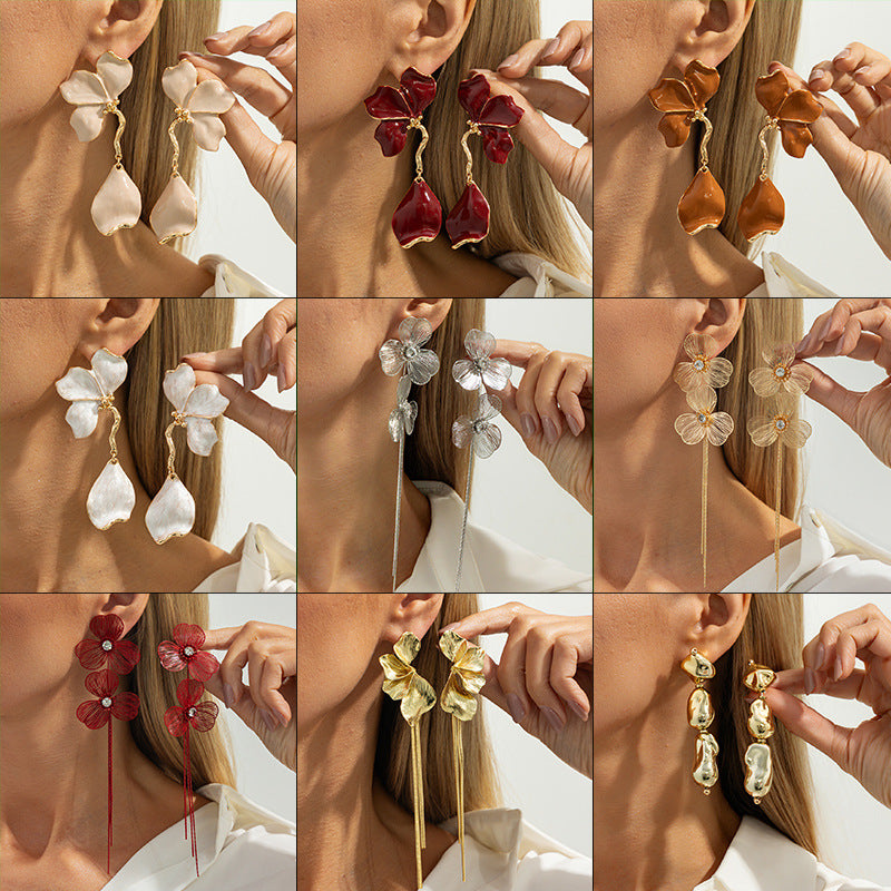Women's Three-dimensional Metal Drop Oil Long Fringe Personalized Flower Earrings