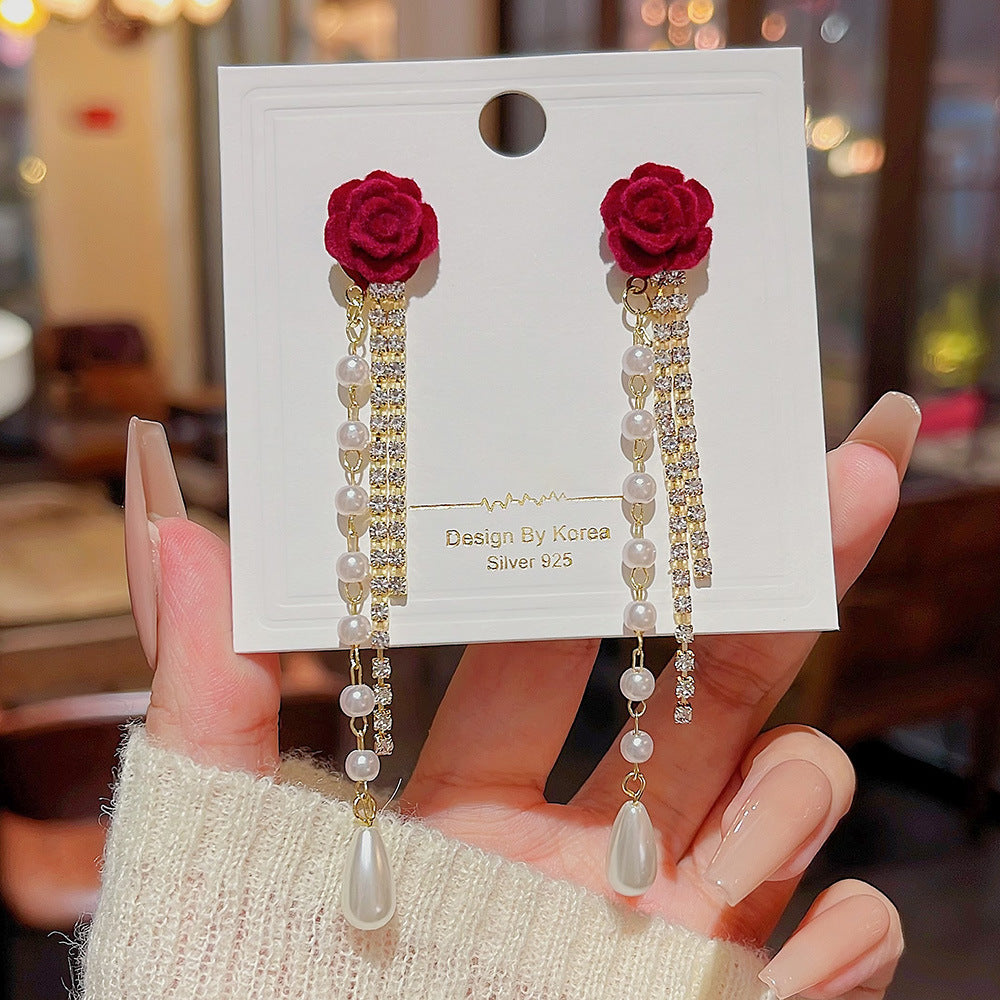 Camellia Long Red Personality Elegant Tassel Earrings