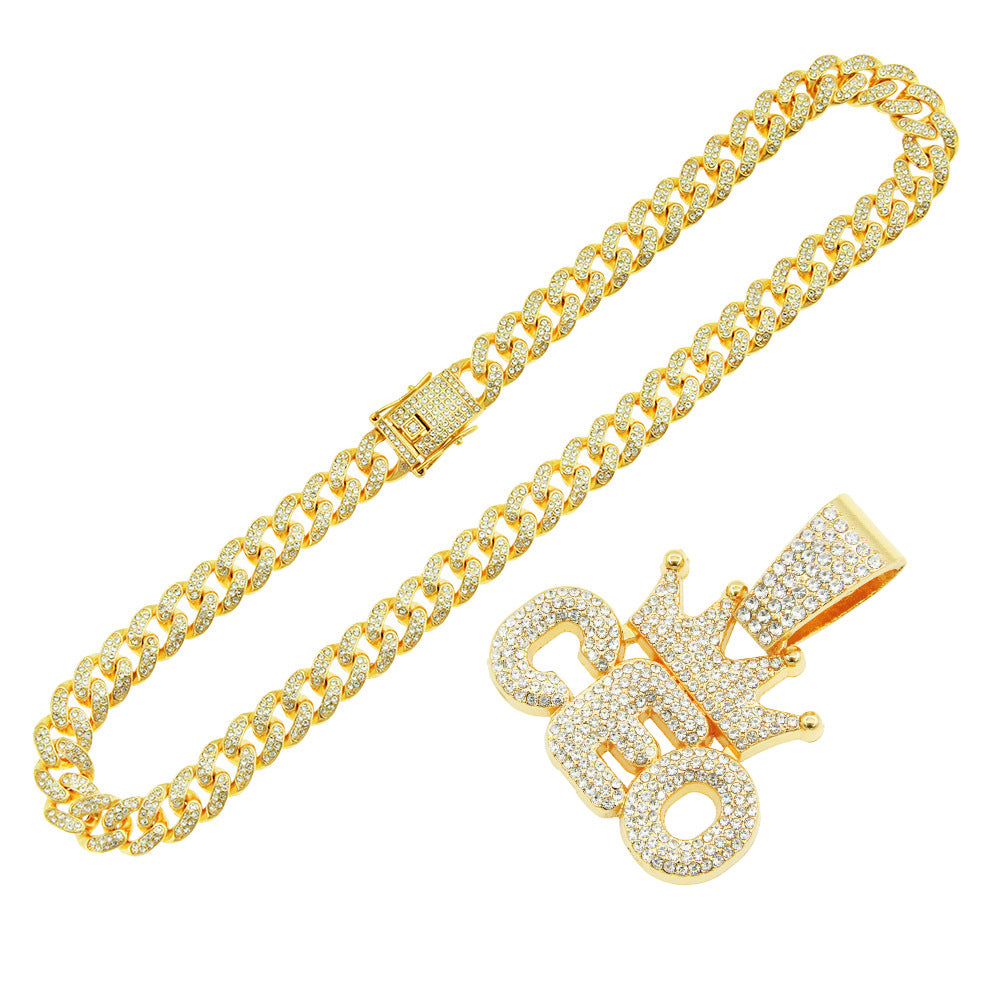 Men's Hip Hop Full Diamond Crown Letters Pendant Cuban Necklaces