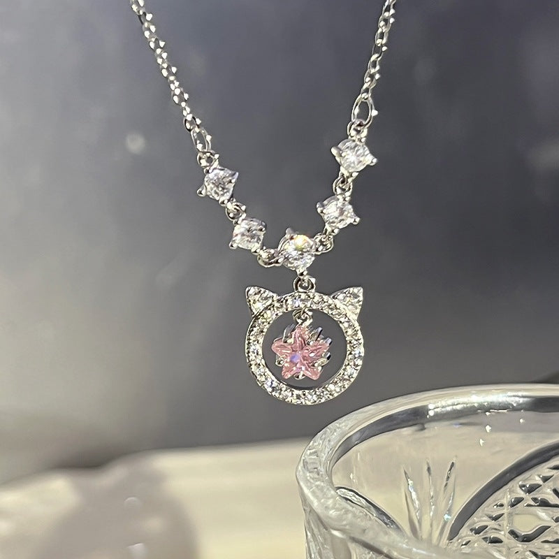 Sterling-Halsketten mit Girly-Tier-Kitty-Anhänger und rosa Diamanten für Damen