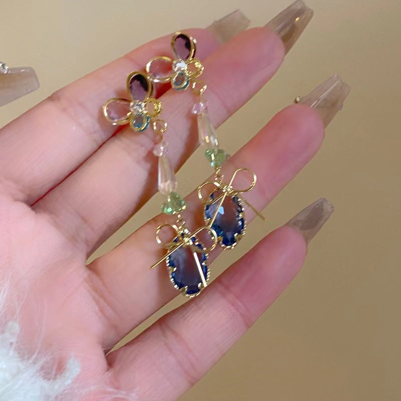 Women's Summer Super Match Mori Style Colorful Crystals Butterfly Long For Stud Earrings