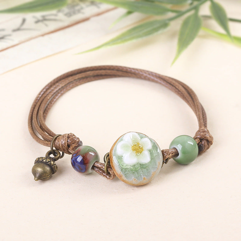 Women's Ceramic Flower Woven Ethnic Artistic Carrying Bracelet