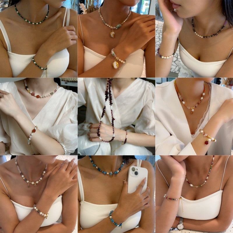 Personality Baroque Irregular Rose Stone Freshwater Pearl Female Temperament Drawable Jewelry Set