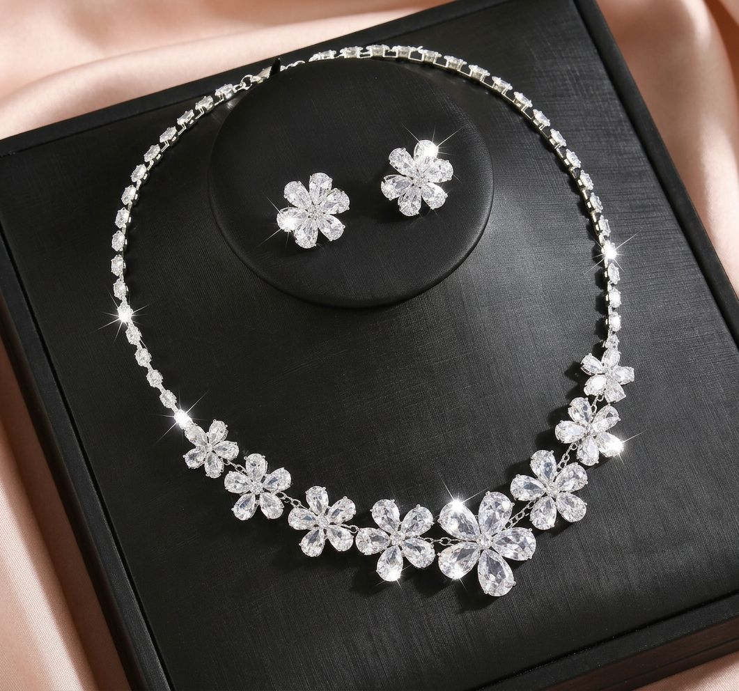 Fashion Trend Zircon Luxury Suite Flower Jewelry Set