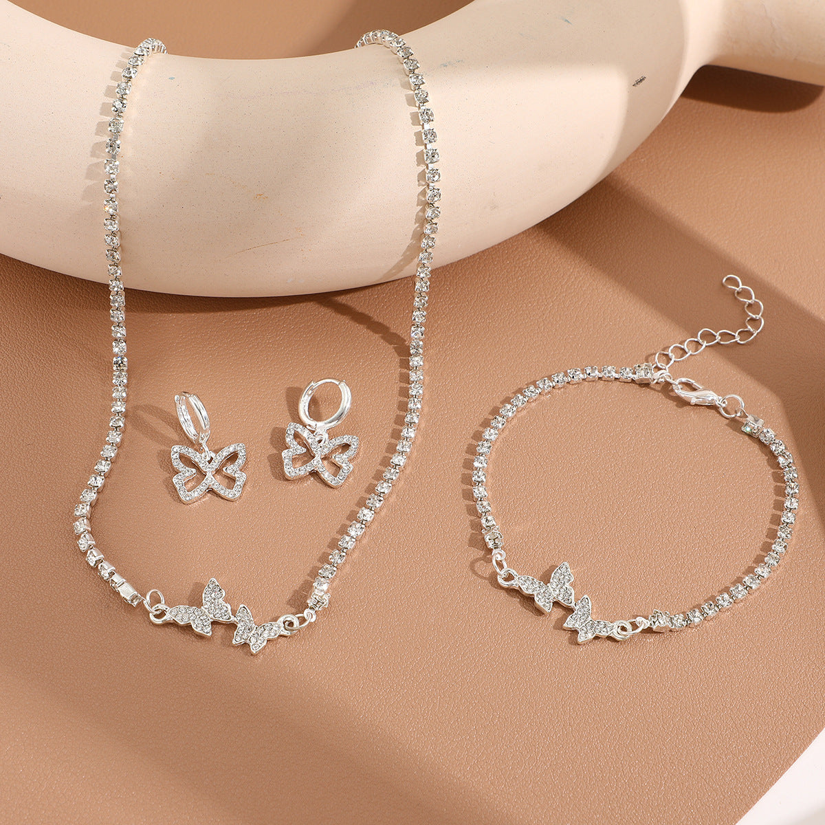 Women's Sweet Diamond Mounted Butterfly Light Luxury High-grade Bright Jewelry Set